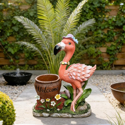 Flamingo Garden Statue Planter with Welcome Sign & Solar LED Light, Waterproof Outdoor Resin Yard Decor, Front Porch Ornament Housewarming Gift(Right Pink Flamingo)