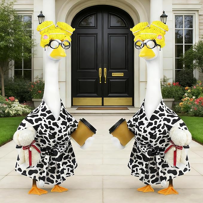 Lady Porch Goose Outfits,Bathrobe Porch Goose Statue Costume with Curlers Reading Glasses Coffee Cup Towel,Cute Goose Clothes for 23-Inch Cement Statue,Lawn Yard Garden Patio Decor（Cow Print）