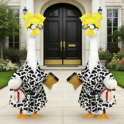 Lady Porch Goose Outfits,Bathrobe Porch Goose Statue Costume with Curlers Reading Glasses Coffee Cup Towel,Cute Goose Clothes for 23-Inch Cement Statue,Lawn Yard Garden Patio Decor（Cow Print）