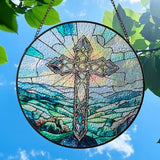 Sun Catcher Stained Glass Window Hanging 8 inch Green Cross Suncatcher Wall Art Home Decor Sun Catchers Decoration for Garden Home Housewarming Gifts