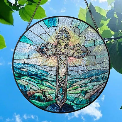 Sun Catcher Stained Glass Window Hanging 8 inch Green Cross Suncatcher Wall Art Home Decor Sun Catchers Decoration for Garden Home Housewarming Gifts