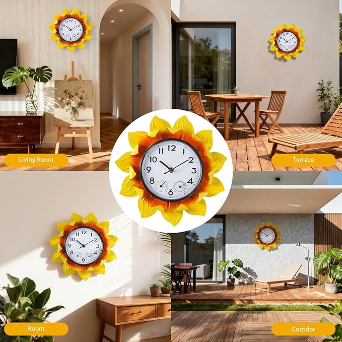 3D Metal Sunflower Wall-Mounted Outdoor Clock Thermometer and Hygrometer Combo，11 Inch Wall Clock Waterproof Quartz Clock Silent No-Ticking for Patio,Kitchen, Living Room,bedrooms,Garden
