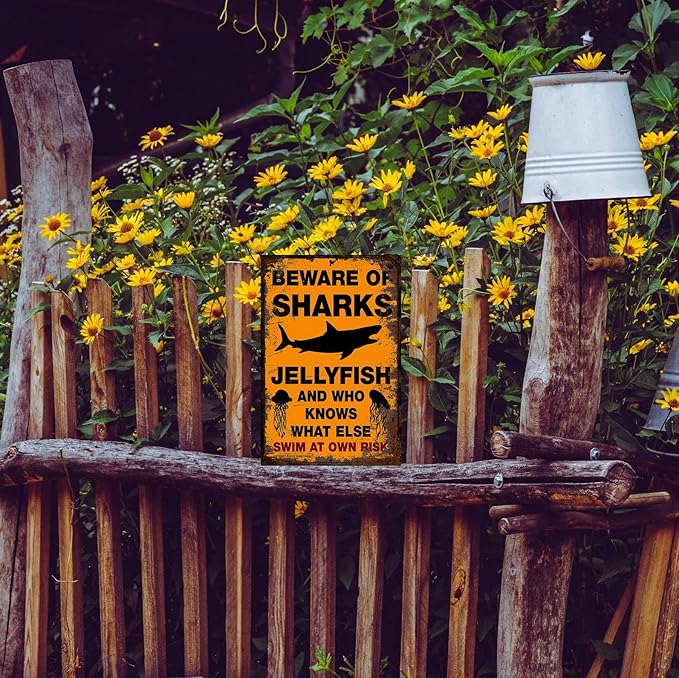 Funny Beware of Dog Sign Private Property No Trespassing Warning Signs, Beware of Sharks Jellyfish, Yard Sign Garage Farm Garden Wall Decor Sign Plaque Outdoor for Home Fence 8 X 12 Inches