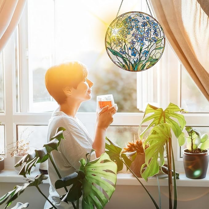 Bimkole Forget-Me-Not Stained Glass Suncatcher Window Hanging - Plants Indoor Window or Doorway Decoration - Handmade Sun Catcher Decor for Garden Home Christmas & Birthday Gifts 7.87x7.87 Inch