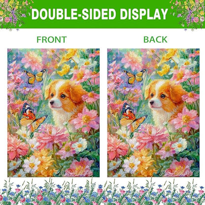Spring Summer Welcome Garden Flag 12x18 Inch Double Sided Dog Floral Butterfly Burlap Small Yard Flag Seasonal Farmhouse Outside Outdoor Decoration