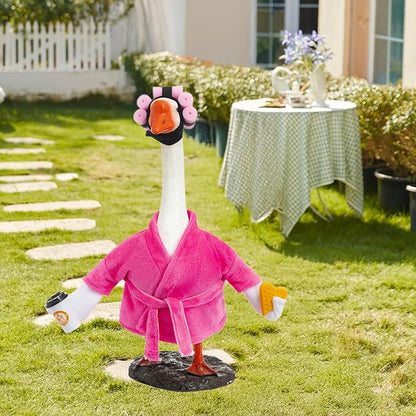 Porch Goose Outfit Fall Costume for 23'' Cement Goose Statue Winter Porch Goose Clothes Mamma Robe Self Care Outfit with Bathrobe Coffee Curlers for Outdoor Garden Yard Lawn Patio Decoration(Rose Red)