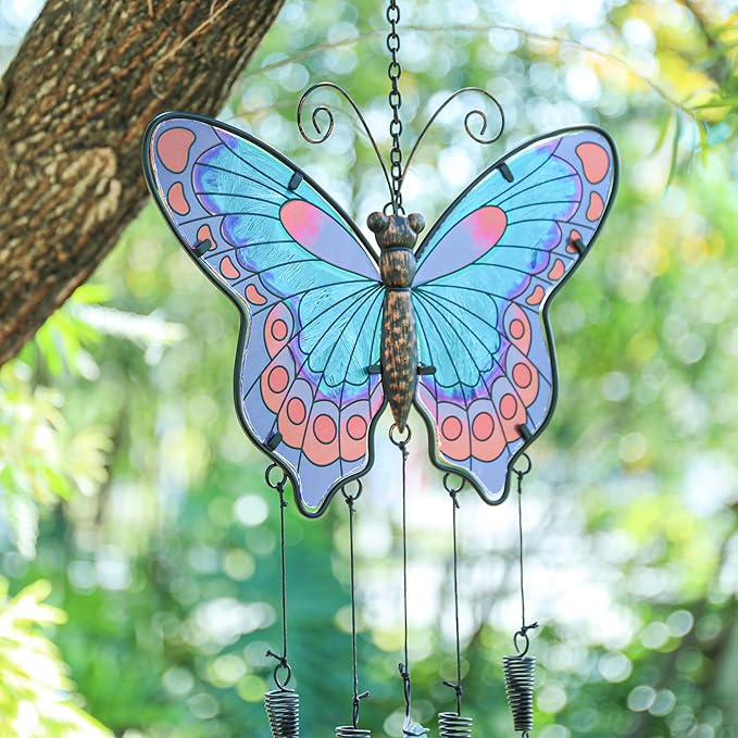Taman Wind Chimes, 40" Butterfly Glass Wind Chime Colourful Wings Decorative Valentine's Day Gift Memorial Sympathy Gift Mom for Home, Outdoor, Yard, Patio,Garden Decor