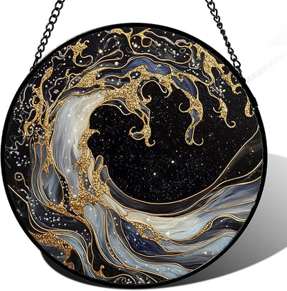 CHATYOUNG Stained Glass Window Hanging Black and Gold Abstract Ocean Waves 7.8" - Suncatcher Door Garden Sunroom Sun Catcher Decor Housewarming Christmas Birthday for Mom Grandma Home Owner Woman
