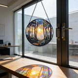 DASTOLL Stained Glass Window Hanging, Forest Sunrise Smoke Blue Brown Tree Suncatcher for Doors Window Home Landscape Sun Catchers Decor Mother's Day Birthday Gifts for Women, Men Mom 9.8 in