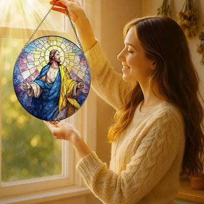 8'' Jesus Christ Stained Glass Suncatcher, Stained Glass Window Hanging, Christian Religious Decor, Christmas Ornament, Easter Resurrection Gifts, Christian Gift, Religious Gift