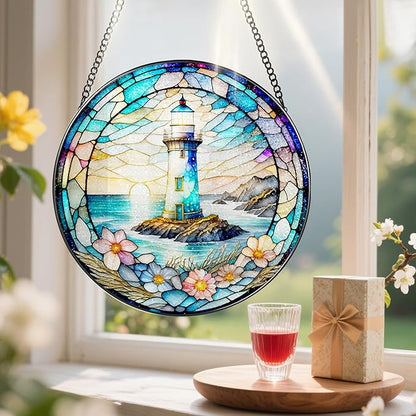 Stained Glass Window Hanging, Pauyadu Lighthouse Sun Catchers, Stained Glass Suncatcher, Lighthouse Decor Gifts for Women, Men, Lovers, Friend, Family and Partners- 8 Inch
