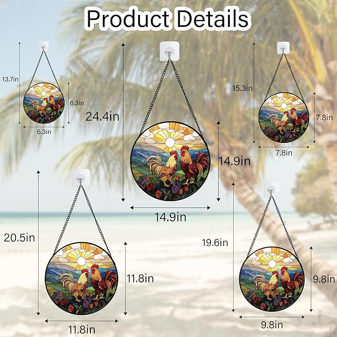 Stained Glass Window Hanging, Countryside Scenery Chicken Sun Catcher for Door Home Decor Sunrise Suncatcher Christmas Mother's Day Birthday Gifts for Women Men Mom Nana 11.8 in