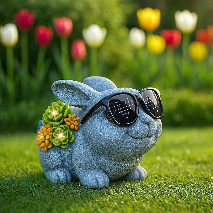 Rabbit Figurine with Solar-Powered Glasses Succulent Bunny Decor Garden Statue for Patio Yard Balcony Housewarming Gifts for Mom Women Grandma