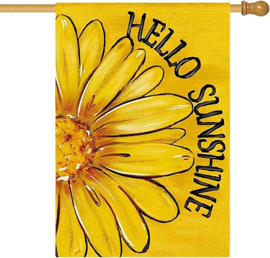 AVOIN colorlife Hello Sunshine House Flag 28x40 Inch Double Sided Outside, Summer Spring Floral Daisy Yard Outdoor Flag Yellow