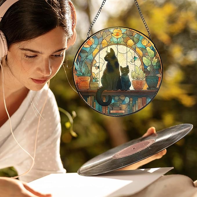 Black Cat Book Lovers Stained Glass Window Hanging, Book Lovers Reader Gifts Suncatchers Sun Catchers Indoor Window Glass Wall Art Decorations, Black Cat Gifts for Women, 7.9x7.9in, Patio