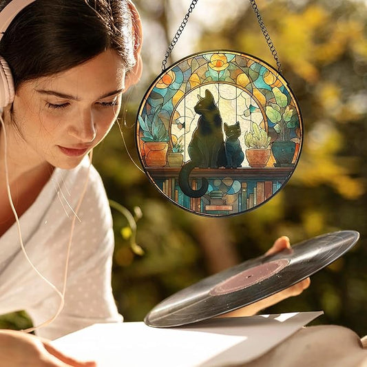 Black Cat Book Lovers Stained Glass Window Hanging, Book Lovers Reader Gifts Suncatchers Sun Catchers Indoor Window Glass Wall Art Decorations, Black Cat Gifts for Women, 7.9x7.9in, Patio