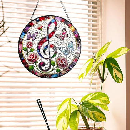 Treble Clef Stained Glass Window Hanging, 7.9'' Musical Note Suncatcher Window Decoration Music Lover Gifts
