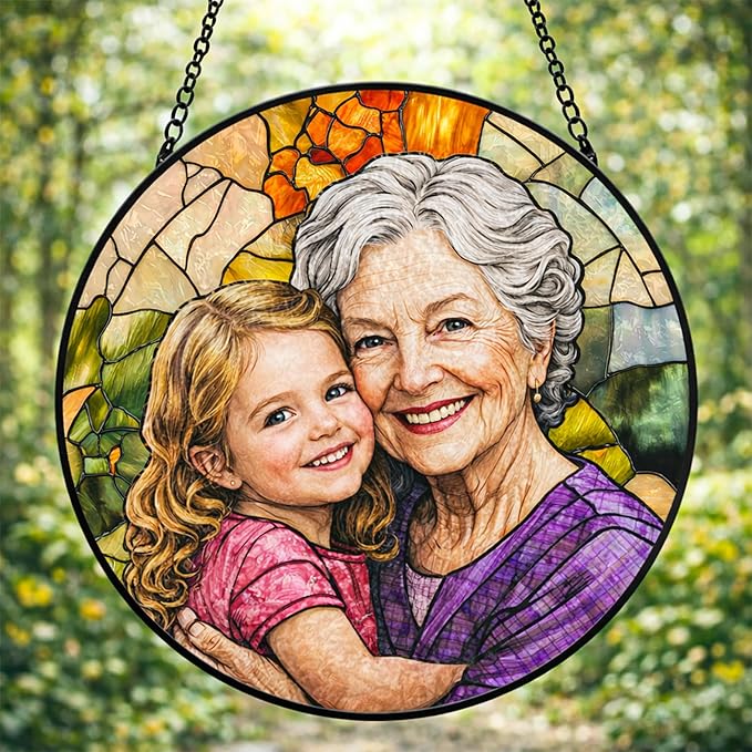 Personalized Grandma Stained Glass Sun Catcher, Custom Photo Window Hanging, Personalized Stained Glass, Gift for Grandma, Grandparents, Christmas, Birthday, Keepsake, Christmas Ornament, P3