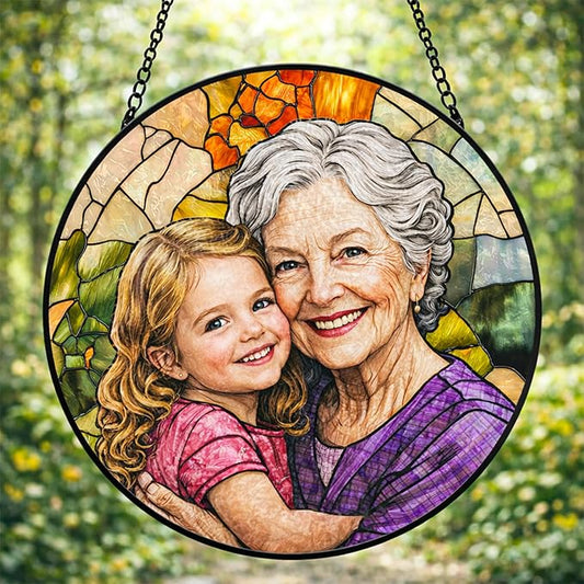 Personalized Grandma Stained Glass Sun Catcher, Custom Photo Window Hanging, Personalized Stained Glass, Gift for Grandma, Grandparents, Christmas, Birthday, Keepsake, Christmas Ornament, P3