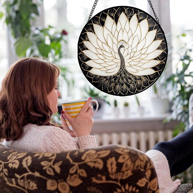 Stained Glass Window Hanging - Peacock Animal Suncatcher for Door Terrace Garden Home Decor Black White Gold Bird Sun Catcher Birthday Gifts for Lovers Women Men Dad Mom Nana 6.3 in