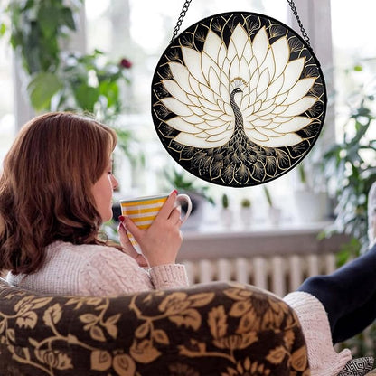 Stained Glass Window Hanging - Peacock Animal Suncatcher for Door Terrace Garden Home Decor Black White Gold Bird Sun Catcher Birthday Gifts for Lovers Women Men Dad Mom Nana 11.8 in
