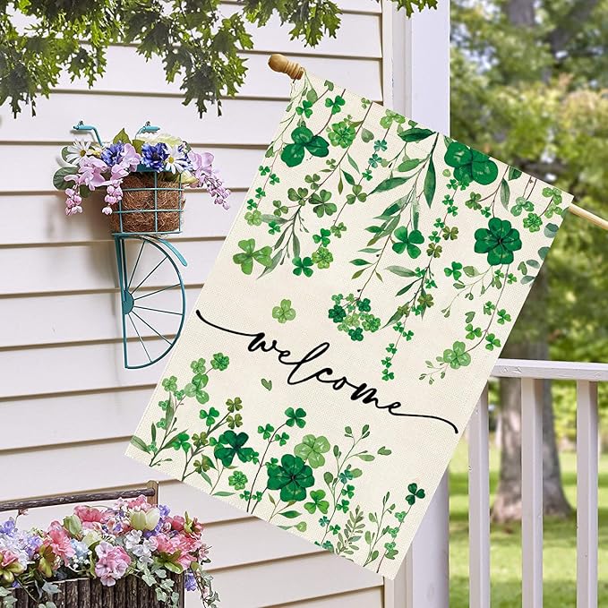 Baccessor St Patrick's Day Welcome House Flag 28 x 40 Inch Vertical Double Sided Green Shamrock Clover Lucky Large Yard Burlap Spring Rustic Happy Saint Patty's Day Irish Outdoor Decoration