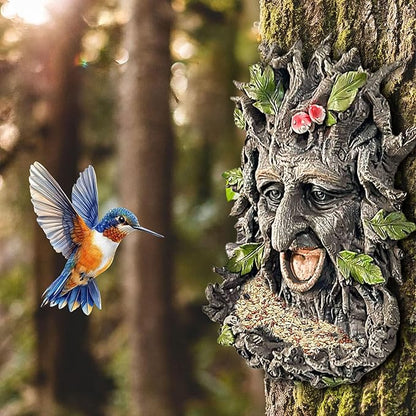 12" Real Tree Face Hugger Statue, Outdoor Garden Resin Bird Feeder Sculpture with Foliage Features, Fairy Elve Accent Yard Art, Halloween Trees Decorations Outdoor Wall Mounted Statue