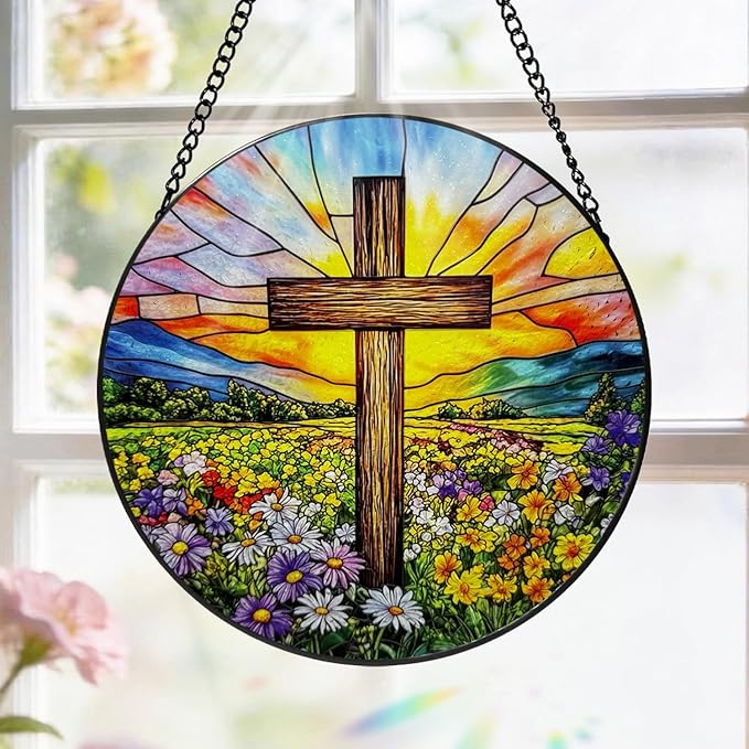 Stained Glass Window Hanging, 8 Inch Stained Glass Cross Wildflower Suncatcher, Sun Catchers Indoor Window, Floral Cross Religious Home Garden Decor Glass Panel, Easter Faith Christian Gifts for Women