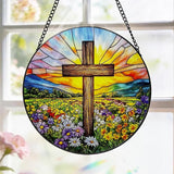 Stained Glass Window Hanging, 8 Inch Stained Glass Cross Wildflower Suncatcher, Sun Catchers Indoor Window, Floral Cross Religious Home Garden Decor Glass Panel, Easter Faith Christian Gifts for Women