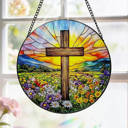 Stained Glass Window Hanging, 8 Inch Stained Glass Cross Wildflower Suncatcher, Sun Catchers Indoor Window, Floral Cross Religious Home Garden Decor Glass Panel, Easter Faith Christian Gifts for Women