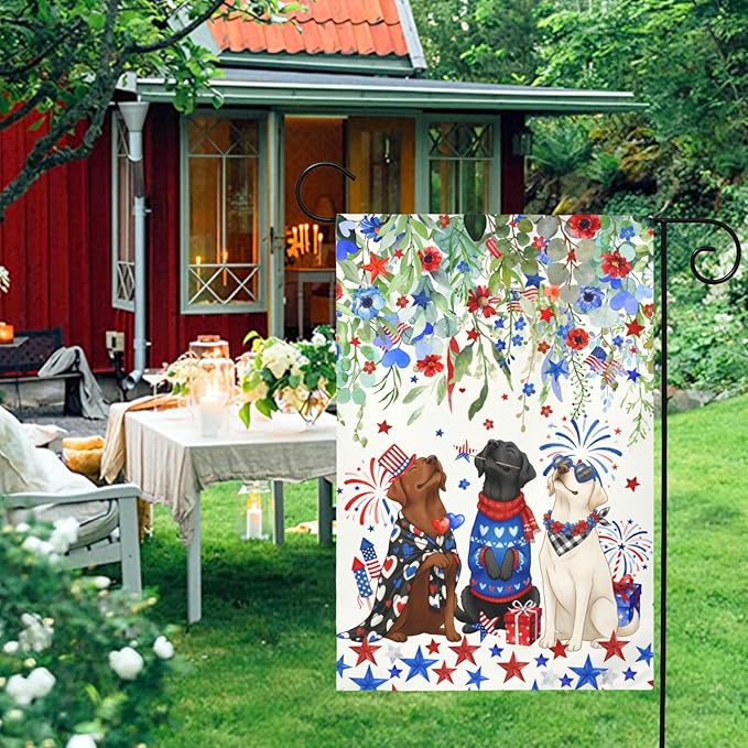 Patriotic Dog Garden Flag 4th of July Black Lab Yard Sign White Chocolate Labrador Banner 12x18 Double Sided for Outside Small 250 Anniversary USA Independence Memorial Day Decor