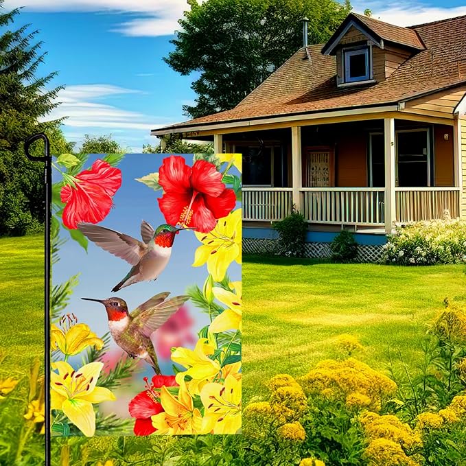 Hummingbird Garden Flags Red Flower Hibiscus and Yellow Lilies Yard Flag Wedding Anniversary Polyester Floral House Banners Double Sided for Spring Summer Party Outdoor Decor 12 x 18 Inch