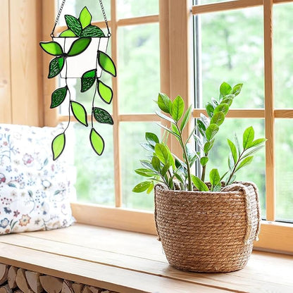 Stained Glass Window Hanging Green Plant Window Suncatcher Handcrafted Faux Plant Stained Glass Panel Sun Catcher for Plant Lovers,Unique Home Indoor&Outdoor Decor (Green)