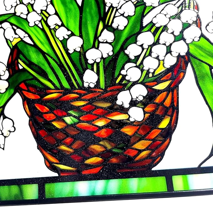8'' Lily of The Valley and Butterflies Stained Glass Panel Suncatcher Window Hanging – Square Decorative Art for Home, Office, and Garden – Handcrafted Real Glass with Metal Frame