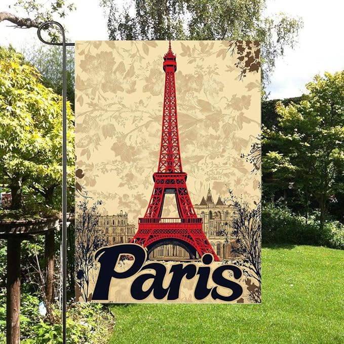 Gkyygk Paris Eiffel Tower Welcome Garden Flag Vintage Floral 12x18 Inch Double Sided Small Burlap Banners Yard House Seasonal Farmhouse Home Decor for Men Women