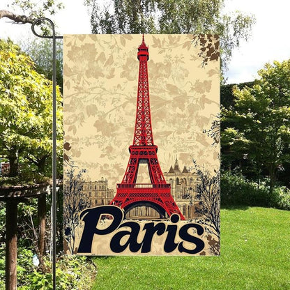Gkyygk Paris Eiffel Tower Welcome Garden Flag Vintage Floral 12x18 Inch Double Sided Small Burlap Banners Yard House Seasonal Farmhouse Home Decor for Men Women