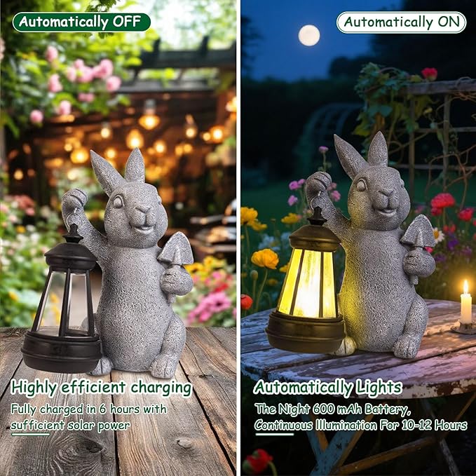 RICHIE Rabbit Statue Garden Ornaments Art Outdoor Decoration with Solar Powered LED Lights Decor for Patio,Balcony,Yard, Mum Birthday Gifts, Garden Gifts for Women, Chrismtas Gifts for Mom Grandma