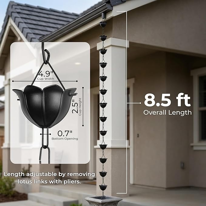 Gardzen Aluminum Rain Chain for Gutter, 8.5 Feet Decorative Rainchain with 13 Flower Cups, Heavy Duty Outside Rain Catcher for Eaves Drainage, Black