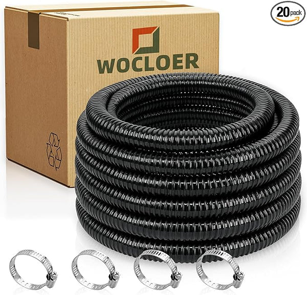 Pond Tubing 1-1/4” × 20 Feet Black Flexible PVC Pond Hose,Garden Pond PVC Tube - Reinforced, Kink-Resistant Tubing for Pumps, Fountains & Waterfalls, with 4 Clamps,1-1/4" Dia