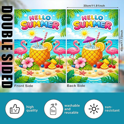 Nuxovilar Large Summer Garden Flag Hello Summer Flamingo Pineapple Beach Pattern Polyester 28×40 Inches Garden Flags for Outside Tropical Decor Yard Porch Seaside