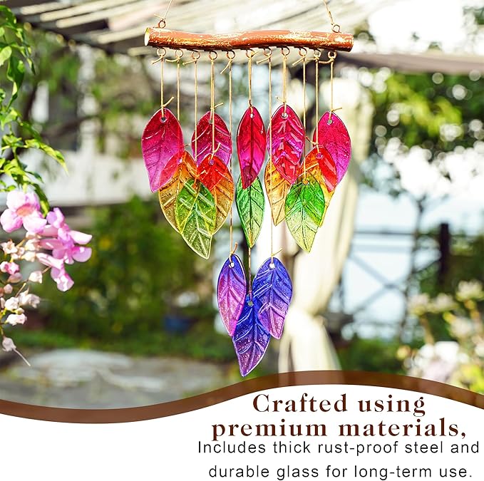 Glass Wind Chimes Suncatcher for Outside,23" Colorful Glass Leaf Wind Chimes Outdoor,Crystal Hanging Wind Chime for Home,Garden,Patio and Yard Decor