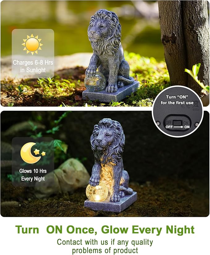 Nacome Guardian Lion Garden Decor: Outdoor Decoration Statue with Ball Lights for Yard Art Porch Patio Balcony - Unique Birthday Choice for Women Mom Lover(9.45in)