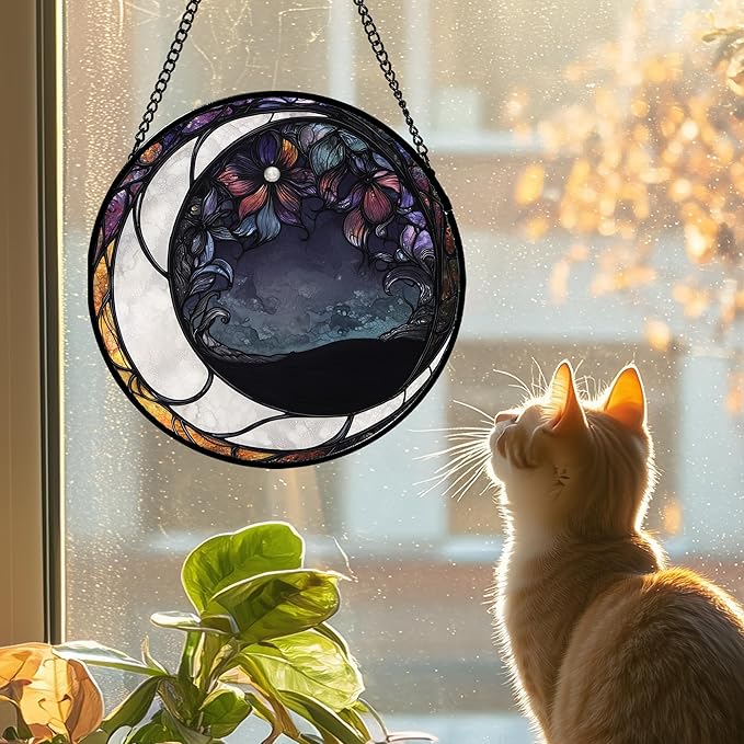Stained Glass Window Hanging - Black and White Moon Sun Catcher for Door Terrace Garden Home Decor, Abstract Plant Flower Suncatcher Birthday Gifts for Lovers Women Men Dad Mom Nana 6.3 in