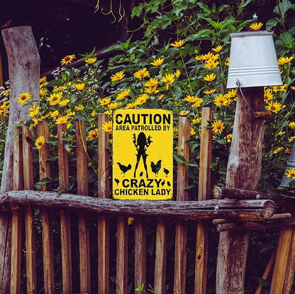 Funny No Trespassing Sign, Metal Warning Tin Signs, Caution Area Patrolled by Crazy Chicken Lady, Yard Sign Garage Farm Garden Wall Decor Sign Plaque Outdoor for Home Fence 8 X 12 Inches
