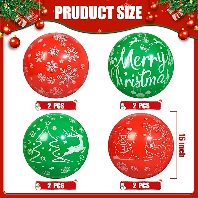 8 PCS 16 Inch Christmas Inflatable Balls Outdoor Inflatable Christmas Ball Ornaments for Xmas Garden Lawn Yard Holiday Front Door Window Decoration