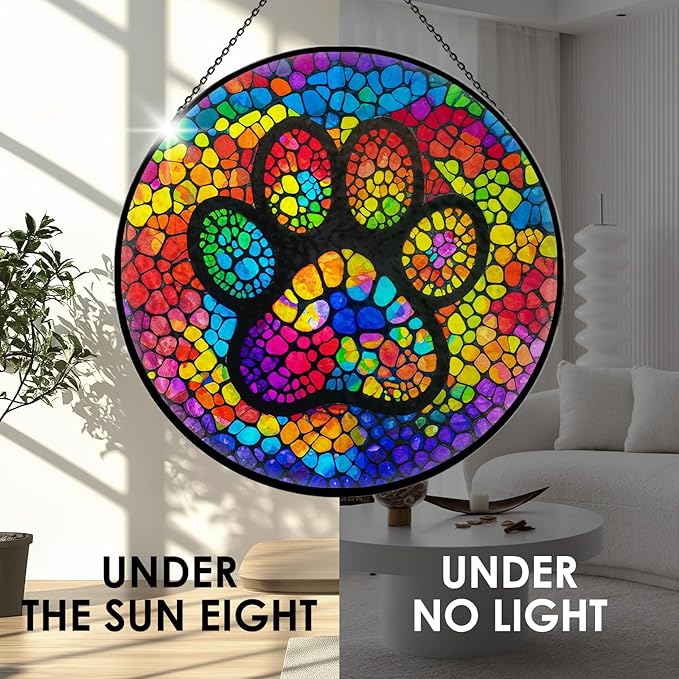 Paw Print Stained Glass Window Hanging, 7.9" Paw Print Sun Catcher Pet Memorial Suncatcher Ornament, Sun Catcher Glass Panel with Chain, Dog Memorial Gifts for Mom Grandma, Pet Lovers Gifts
