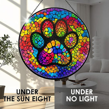 Paw Print Stained Glass Window Hanging, 7.9" Paw Print Sun Catcher Pet Memorial Suncatcher Ornament, Sun Catcher Glass Panel with Chain, Dog Memorial Gifts for Mom Grandma, Pet Lovers Gifts