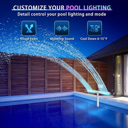 Pool Fountain for In-ground Pool and Above Ground Pools, Dual Spray Adjustable Pool Sprinkler Waterfall with 16-Colors LED Lights and 10 Modes for Outdoor Yard Decoration, RF Remote and App Control