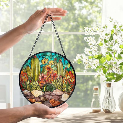 Western Cactus Suncatchers Stained Glass Window Hanging, Southwestern Cactus Landscape Sun Catchers Indoor Window Glass Round Wall Decor, Western Wall Hanging Decorations, 7.9x7.9in