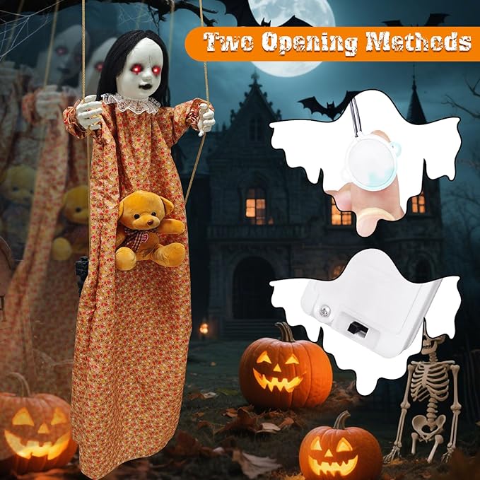Outdoor Hanging Swinging Girl Halloween Decorations,Lighted Creepy Doll Halloween Dolls Scary Props for Garden Yard Lawn and Haunted House Decorations